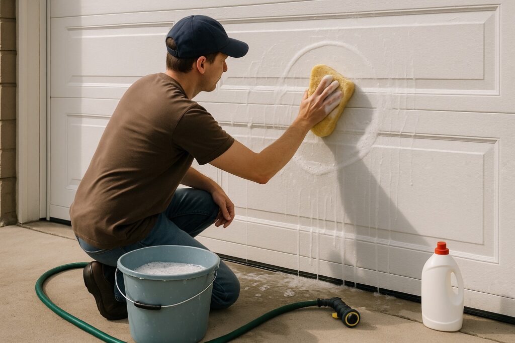 When To Call A Pro For Garage Door Maintenance 3 Man performing garage door maintenance by scrubbing the door exterior with soap and water to remove dirt and maintain curb appeal.
