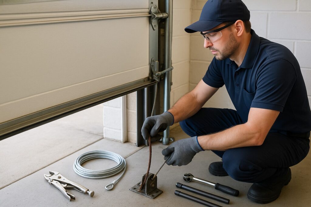 Can Garage Door Cable Replacement Extend The Life Of Your Door? 4 Technician replacing a rusted garage door cable with a new steel cable, surrounded by tools for garage door cable replacement.