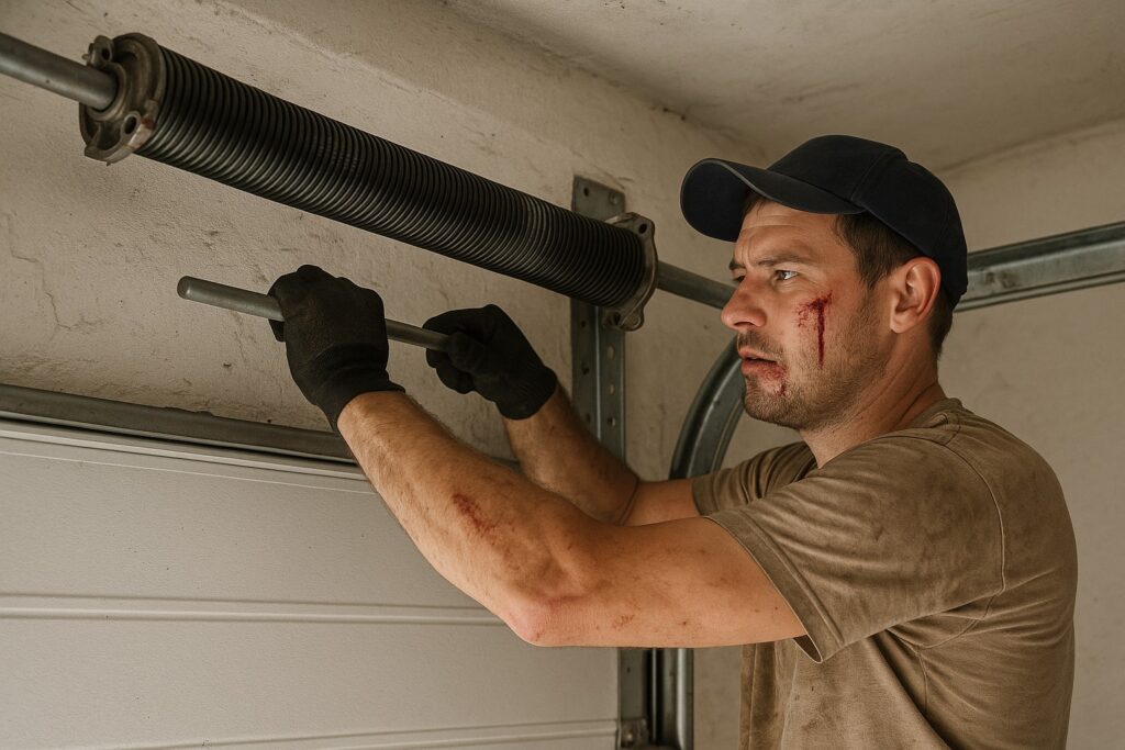 How To Extend The Life Of Your Garage Door In Houston, Tx 4 Injured man with cuts attempting dangerous garage door spring repair, highlighting risks of DIY garage door repairs.