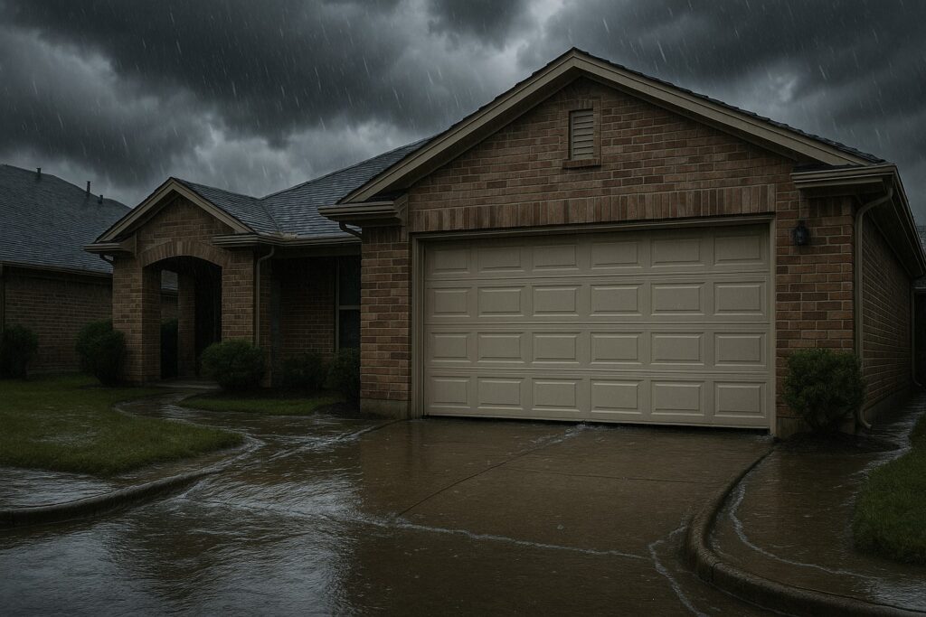 Alt text: Garage door in heavy rain with water pooling around driveway, showing need for strong weather sealing against flooding
