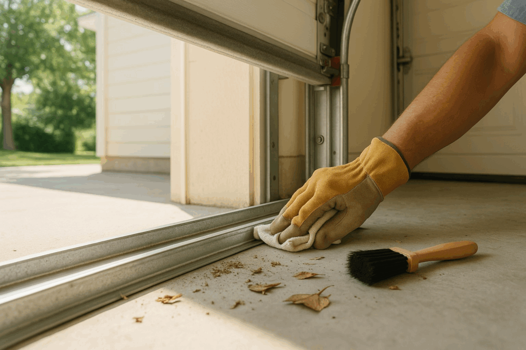 How To Extend The Life Of Your Garage Door In Houston, Tx 3 Hand with glove cleaning garage door tracks, showing routine garage door repairs and maintenance.