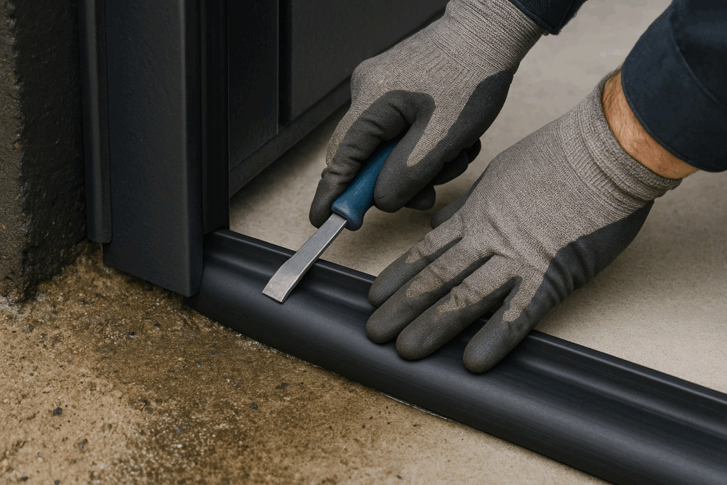 Preventing Garage Door Leaks With Weather Stripping In Houston 4 Technician installing garage door weather stripping bottom seal with hand tools.