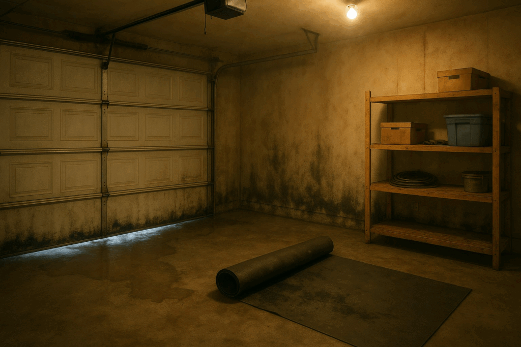 Preventing Garage Door Leaks With Weather Stripping In Houston 3 Damaged garage door weather stripping causing water leaks and mold growth inside garage.