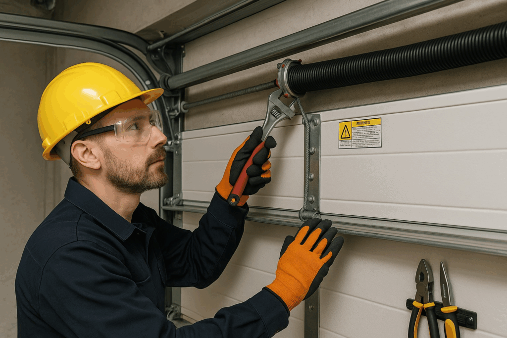 Houston Homeowners: Best Tools Professionals Use To Repair Garage Door Tracks 4 Professional technician using tools to safely repair garage door spring.
