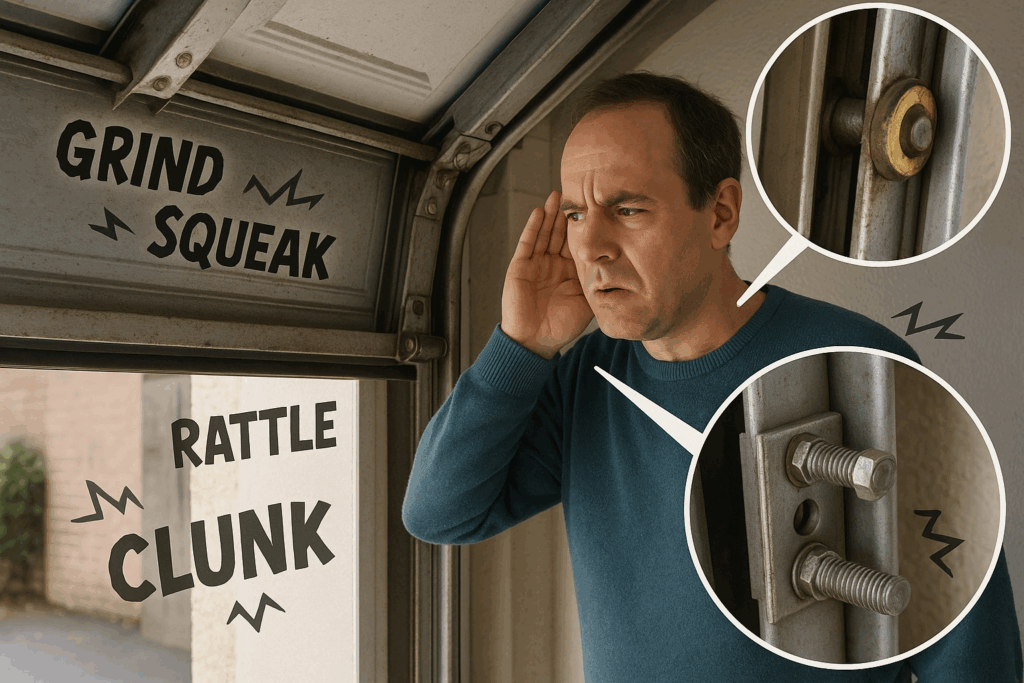 Houston Homeowners: Best Tools Professionals Use To Repair Garage Door Tracks 3 Homeowner hearing grinding and squeaking noises showing need to repair garage door.