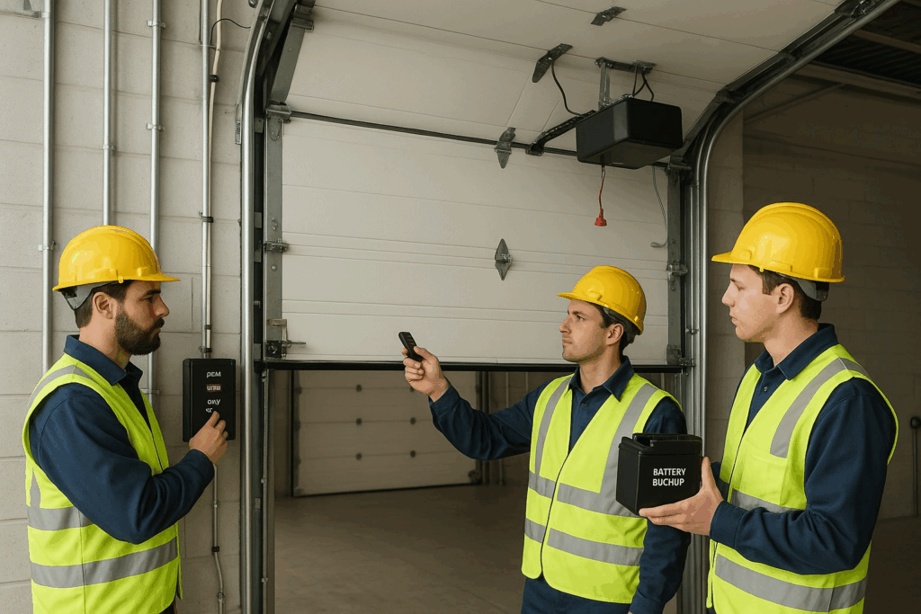 How To Identify Reliable Commercial Garage Door Repair In Houston, Tx 2 Technicians testing opener and backup system during commercial garage door repair.
