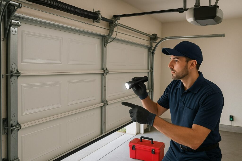 Houston, Tx Garage Door Maintenance: Affordable Solutions For Safe Garage Doors 3 Technician performing garage door maintenance by inspecting torsion springs and mechanical parts for safe operation.