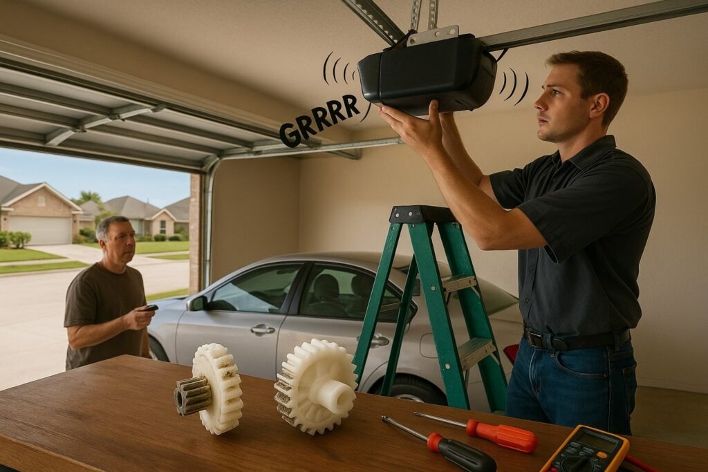 Signs Your Garage Door Opener Needs Repair In Houston, Tx 3 Technician performing garage door opener repair while diagnosing noisy motor in a residential garage.