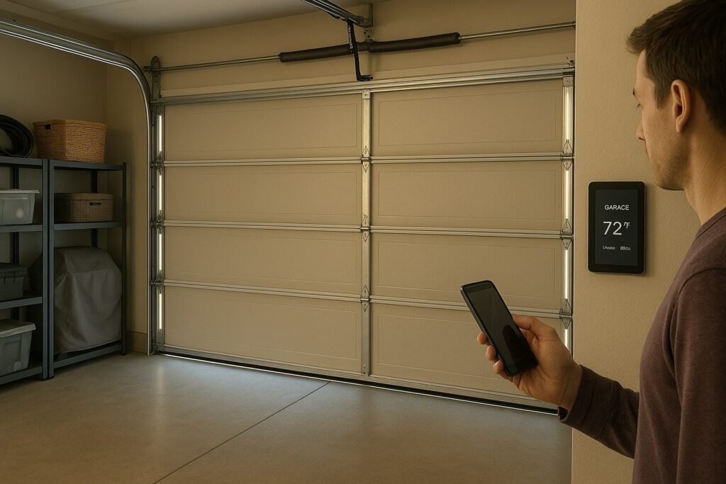Signs Your Garage Door Opener Needs Repair In Houston, Tx 5 Homeowner using smartphone to test smart system after garage door opener repair in energy-efficient garage.