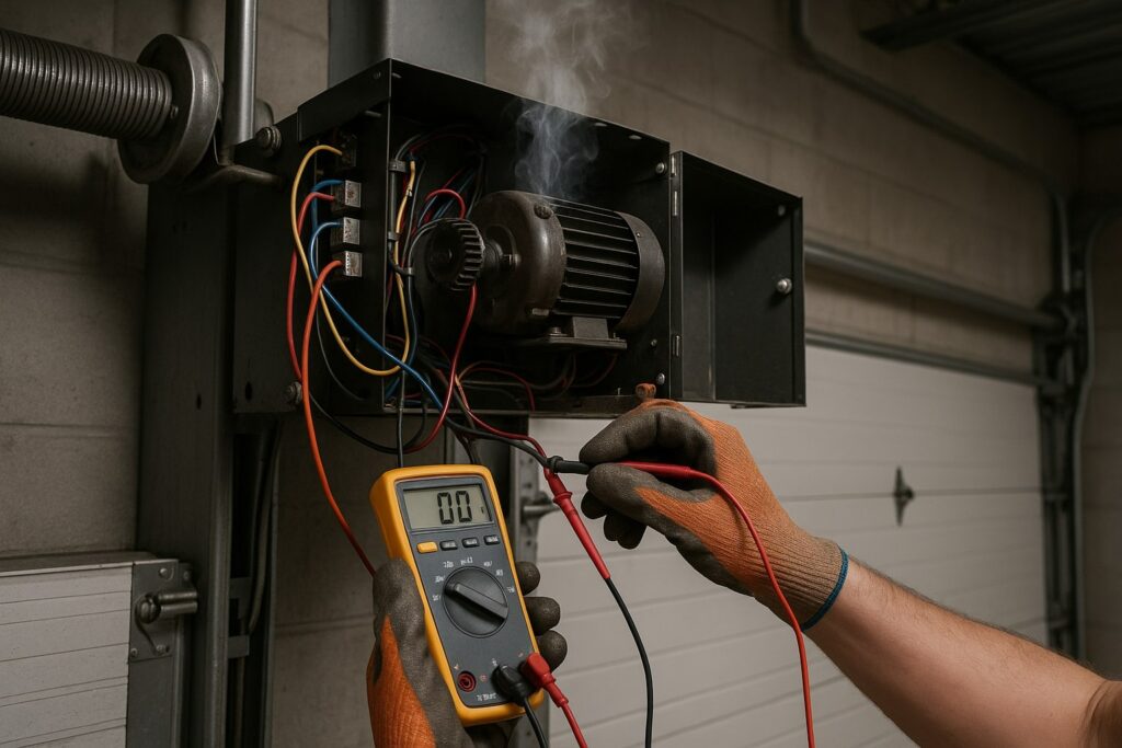 Signs Your Garage Door Opener Needs Repair In Houston, Tx 4 Technician testing wiring and motor during garage door opener repair using a multimeter in workshop.