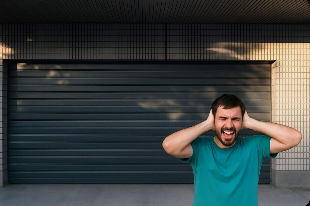 Signs Your Automatic Garage Doors Need Service In Houston, Tx 3 A man stands in front of closed automatic garage doors, covering his ears in frustration due to loud noise.