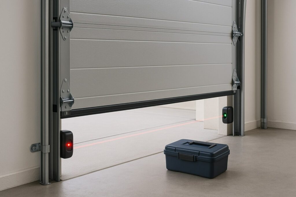 Signs Your Automatic Garage Doors Need Service In Houston, Tx 4 Automatic garage doors safety sensor system shows a red and green indicator light with a toolbox placed in the path of the laser beam.