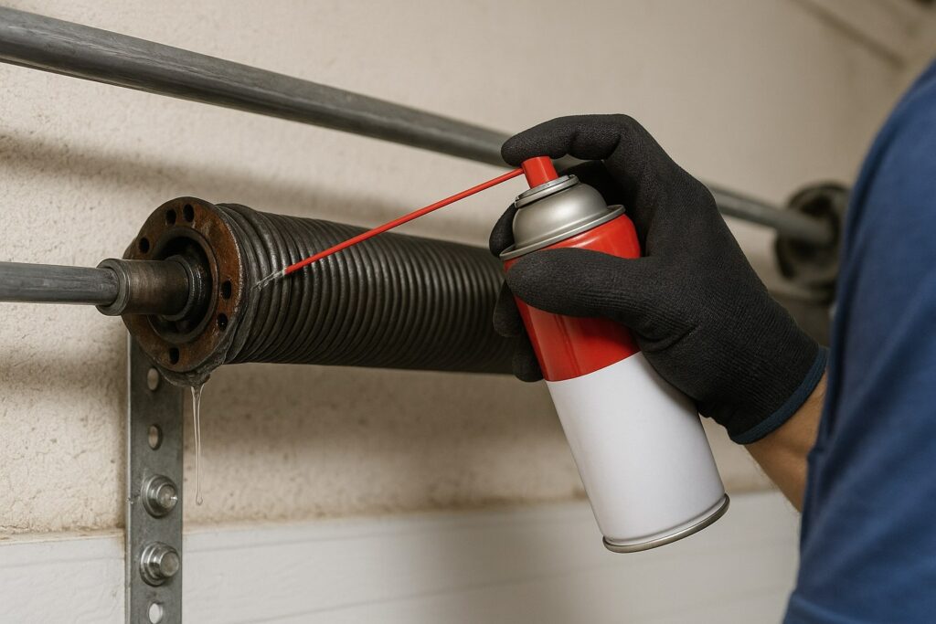 Garage door repair technician lubricating a torsion spring for smoother operation.